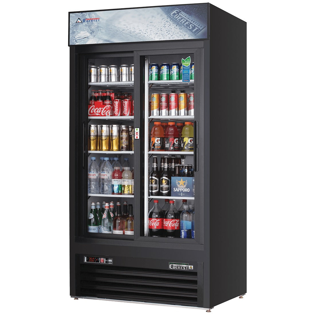 Everest EMGR33B 39 In. Glass Door Merchandiser Refrigerator, 2 Sliding Doors, 33 Cu. Ft., Black Exterior, Bottom Mount Blizzard R290