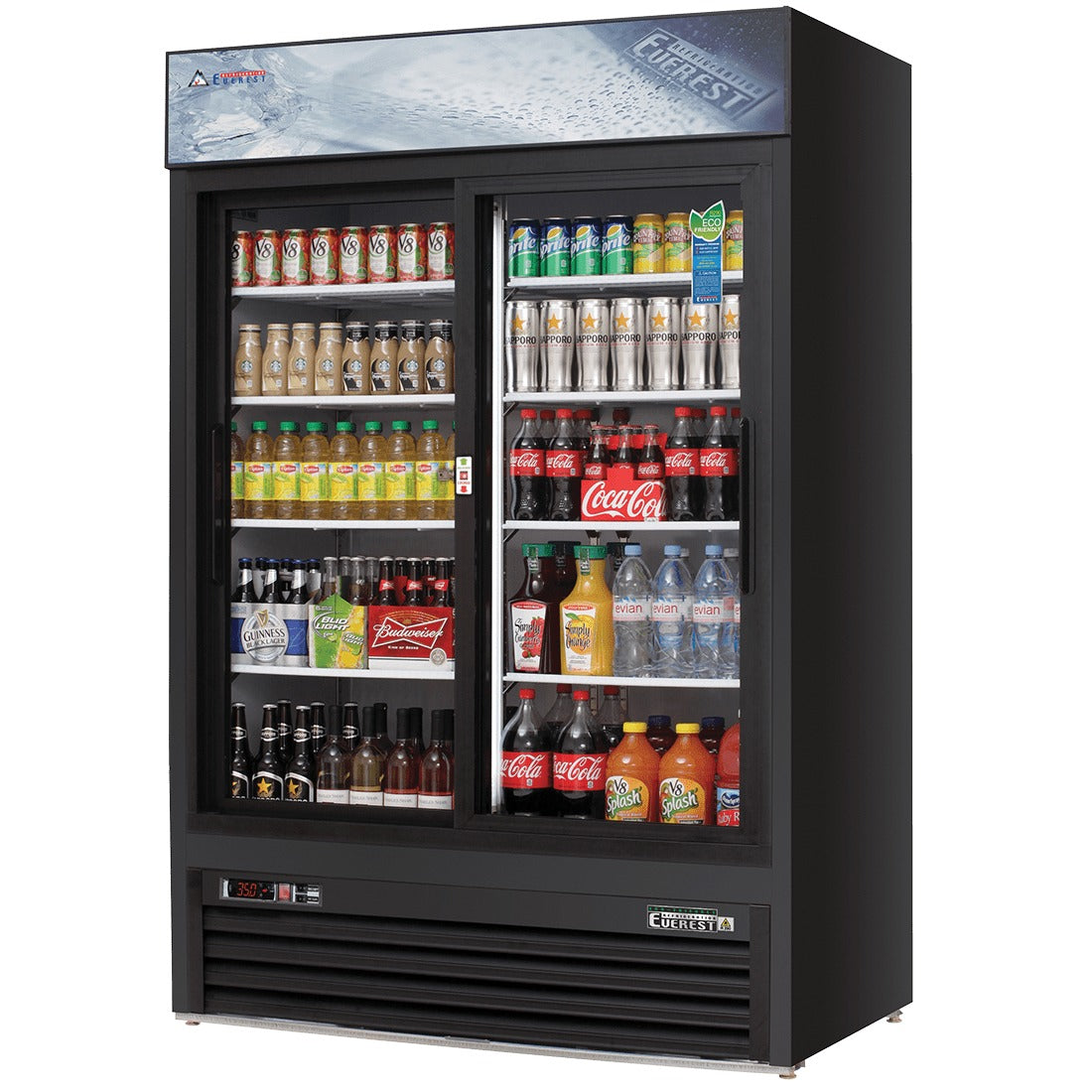 Everest EMGR48B 53 In. Glass Door Merchandiser Refrigerator, 2 Sliding Doors, 48 Cu. Ft., Black Exterior, Bottom Mount Blizzard R290