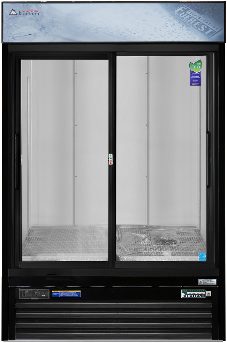Everest EMGR48B 53 In. Glass Door Merchandiser Refrigerator, 2 Sliding Doors, 48 Cu. Ft., Black Exterior, Bottom Mount Blizzard R290