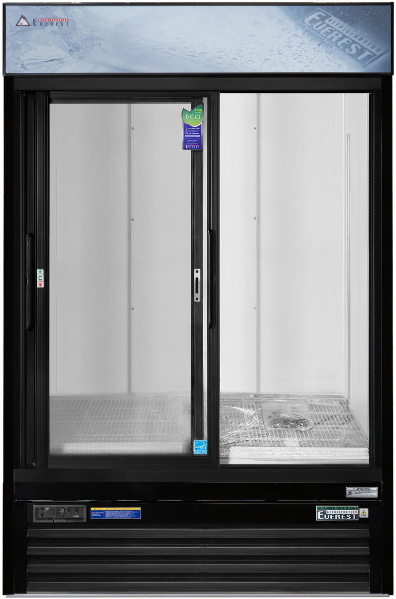 Everest EMGR48B 53 In. Glass Door Merchandiser Refrigerator, 2 Sliding Doors, 48 Cu. Ft., Black Exterior, Bottom Mount Blizzard R290