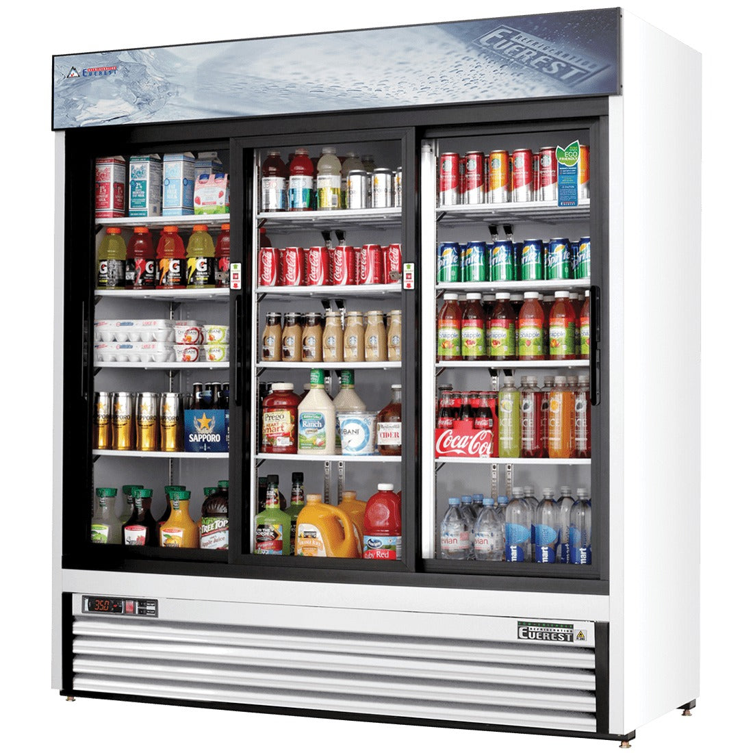 Everest EMGR69 73 In. Glass Door Merchandiser Refrigerator, 3 Sliding Doors, 69 Cu. Ft., Bottom Mount Blizzard R290