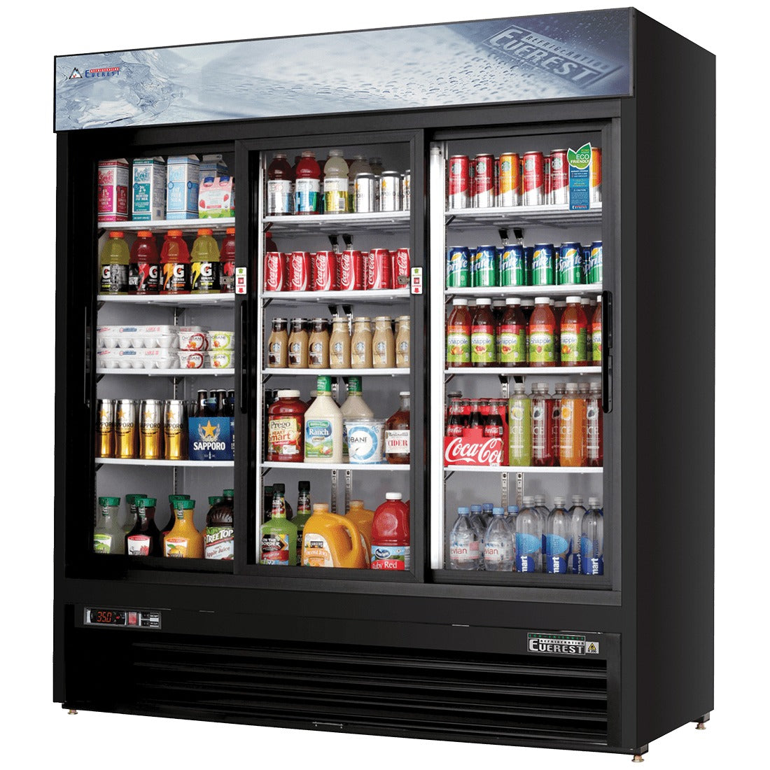 Everest EMGR69B 73 In. Glass Door Merchandiser Refrigerator, 3 Sliding Doors, 69 Cu. Ft., Black Exterior, Bottom Mount Blizzard R290