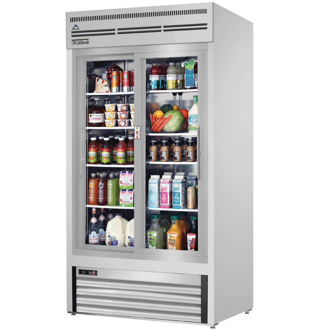 Everest EMGR33-SS 39 In. Glass Door Merchandiser Refrigerator, 2 Sliding Doors, 33 Cu. Ft., Stainless Steel Interior and Exterior, Bottom Mount Blizzard R290