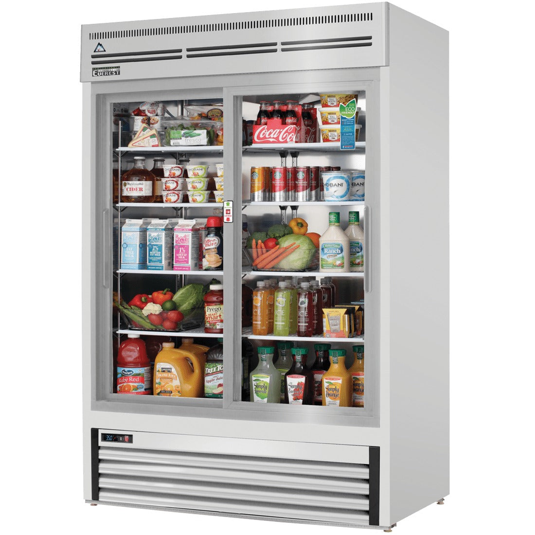 Everest EMGR48-SS 53 In. Glass Door Merchandiser Refrigerator, 2 Sliding Doors, 48 Cu. Ft., Stainless Steel Interior and Exterior, Bottom Mount Blizzard R290