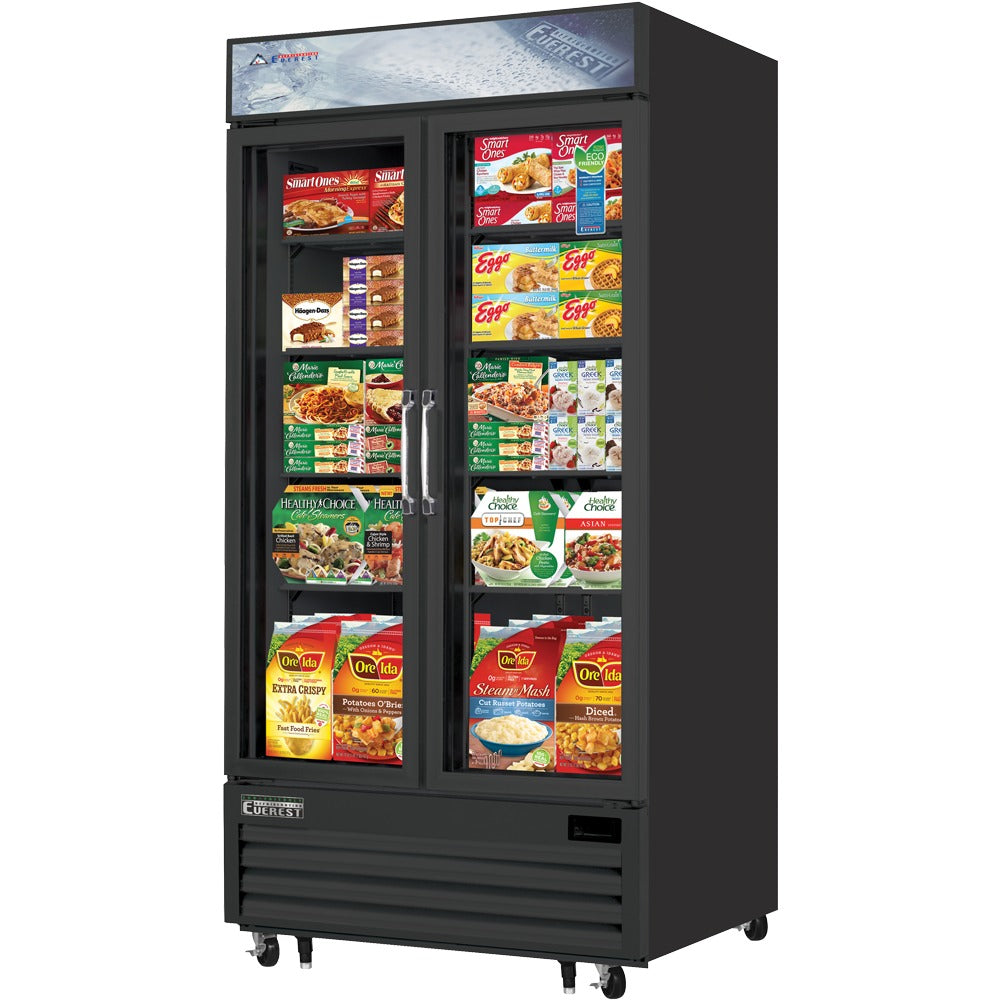 Everest EMGF36B 41 In. Glass Door Merchandiser Freezer, 2 Swing Doors, 36 Cu. Ft., Black Exterior, Bottom Mount Blizzard R290