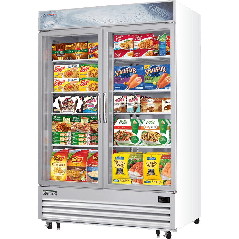 Everest EMGF48 55 In. Glass Door Merchandiser Freezer, 2 Swing Doors, 48 Cu. Ft., Bottom Mount Blizzard R290