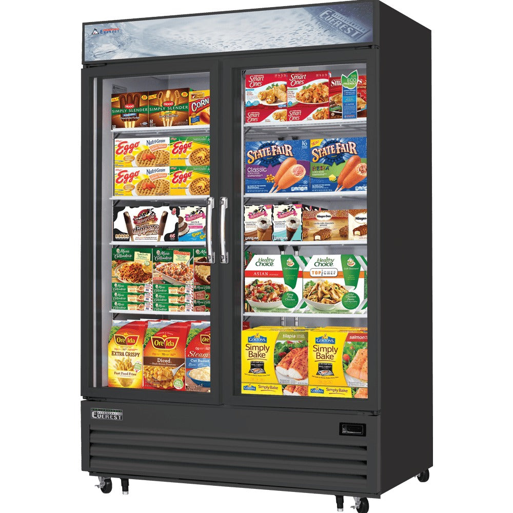 Everest EMGF48B 55 In. Glass Door Merchandiser Freezer, 2 Swing Doors, 48 Cu. Ft., Black Exterior, Bottom Mount Blizzard R290