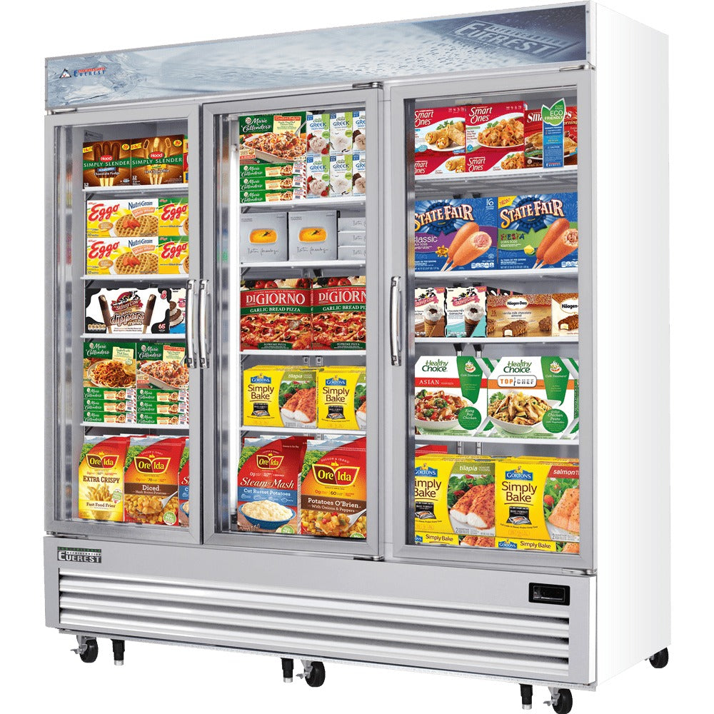 Everest EMGF69 75 In. Glass Door Merchandiser Freezer, 3 Swing Doors, 69 Cu. Ft., Bottom Mount Blizzard R290