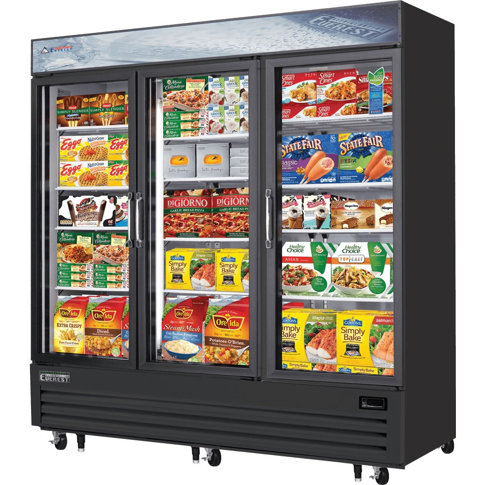 Everest EMGF69B 75 In. Glass Door Merchandiser Freezer, 3 Swing Doors, 69 Cu. Ft., Black Exterior, Bottom Mount Blizzard R290
