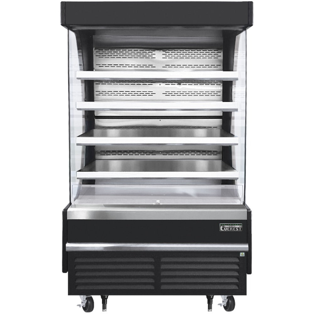 Everest EOMV-48-B-35-T 48 In. Vertical Open Air Merchandiser, 24 Cu. Ft., 4 Stainless Steel Shelves, Black Exterior, Bottom Mount Blizzard R290