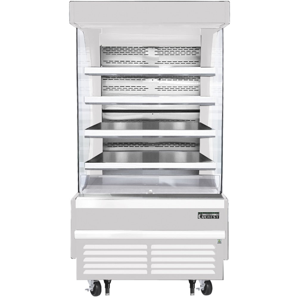 Everest EOMV-36-W-28-T 37 In. Vertical Open Air Merchandiser, 12.8 Cu. Ft., 4 Stainless Steel Shelves, White Exterior, Bottom Mount Blizzard R290