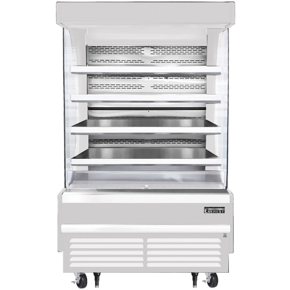 Everest EOMV-48-W-28-T 48 In. Vertical Open Air Merchandiser, 16.8 Cu. Ft., 4 Stainless Steel Shelves, White Exterior, Bottom Mount Blizzard R290