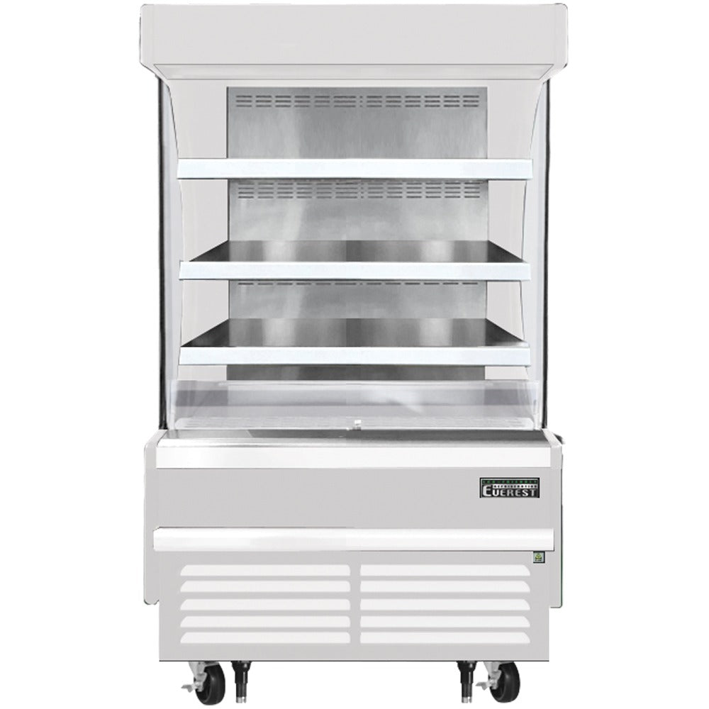 Everest EOMV-36-W-28-S 37 In. Vertical Open Air Merchandiser, 9.3 Cu. Ft., 3 Stainless Steel Shelves, 60 In. Cabinet Height, White Exterior, Bottom Mount Blizzard R290