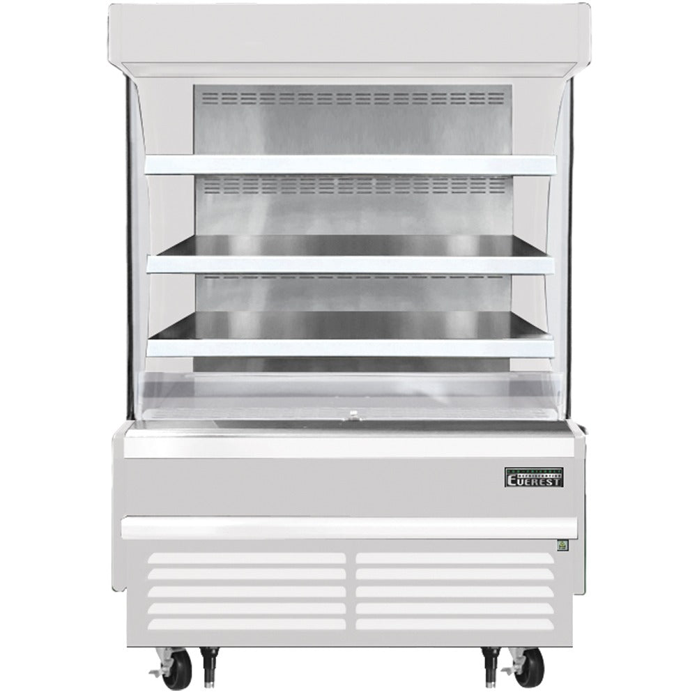 Everest EOMV-48-W-28-S 48 In. Vertical Open Air Merchandiser, 12.2 Cu. Ft., 3 Stainless Steel Shelves, 60 In. Cabinet Height, White Exterior, Bottom Mount Blizzard R290