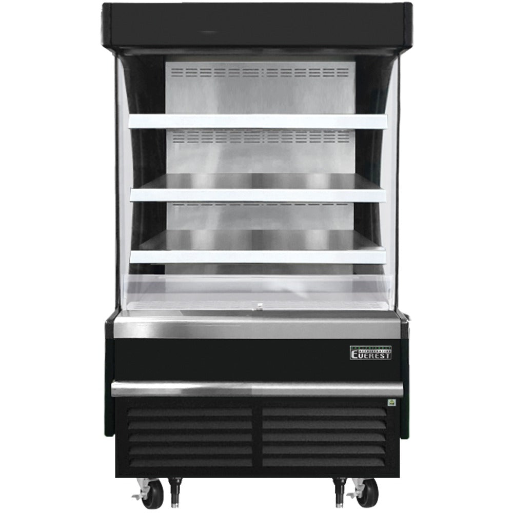 Everest EOMV-36-B-28-S 37 In. Vertical Open Air Merchandiser, 9.3 Cu. Ft., 3 Stainless Steel Shelves, 60 In. Cabinet Height, Black Exterior, Bottom Mount Blizzard R290