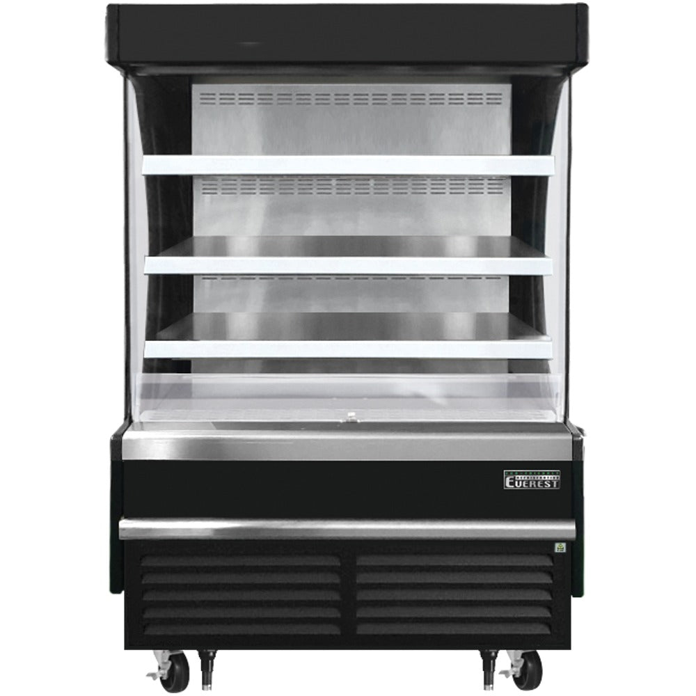 Everest EOMV-48-B-28-S 48 In. Vertical Open Air Merchandiser, 12.2 Cu. Ft., 3 Stainless Steel Shelves, 60 In. Cabinet Height, Black Exterior, Bottom Mount Blizzard R290