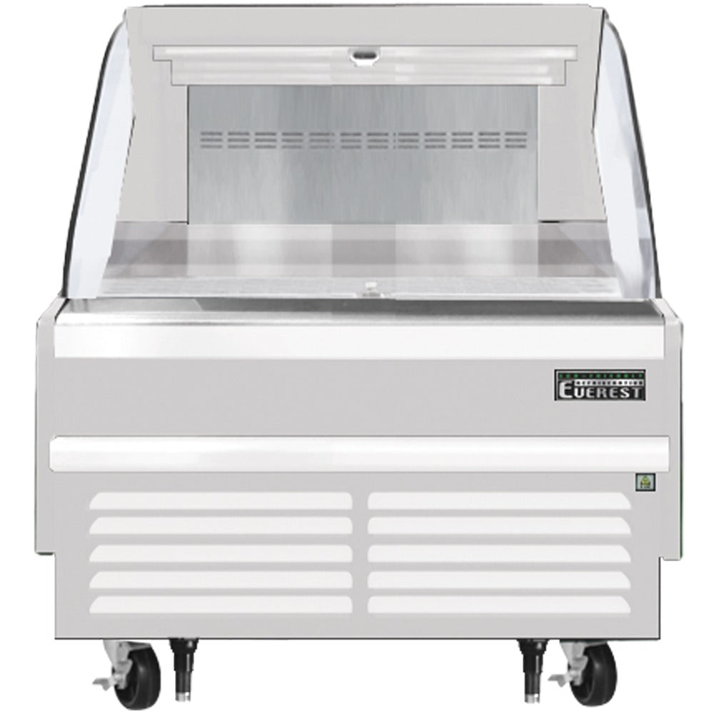 Everest EOMH-36-W-35-S 37 In. Horizontal Open Air Merchandiser, 5.6 Cu. Ft., Removable 2-Tier Shelf Riser, 41 In. Cabinet Height, White Exterior, Bottom Mount Blizzard R290