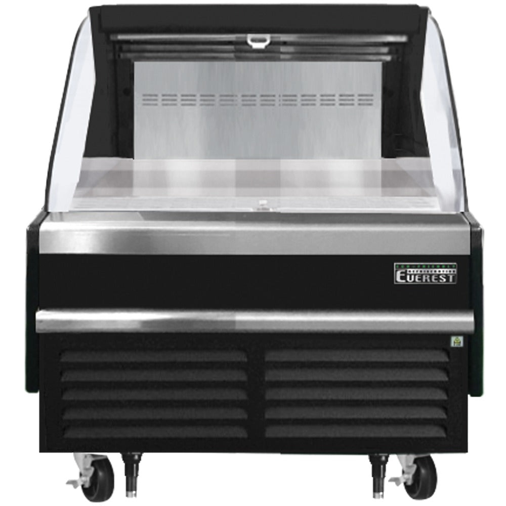 Everest EOMH-36-B-35-S 37 In. Horizontal Open Air Merchandiser, 5.6 Cu. Ft., Removable 2-Tier Shelf Riser, 41 In. Cabinet Height, Black Exterior, Bottom Mount Blizzard R290