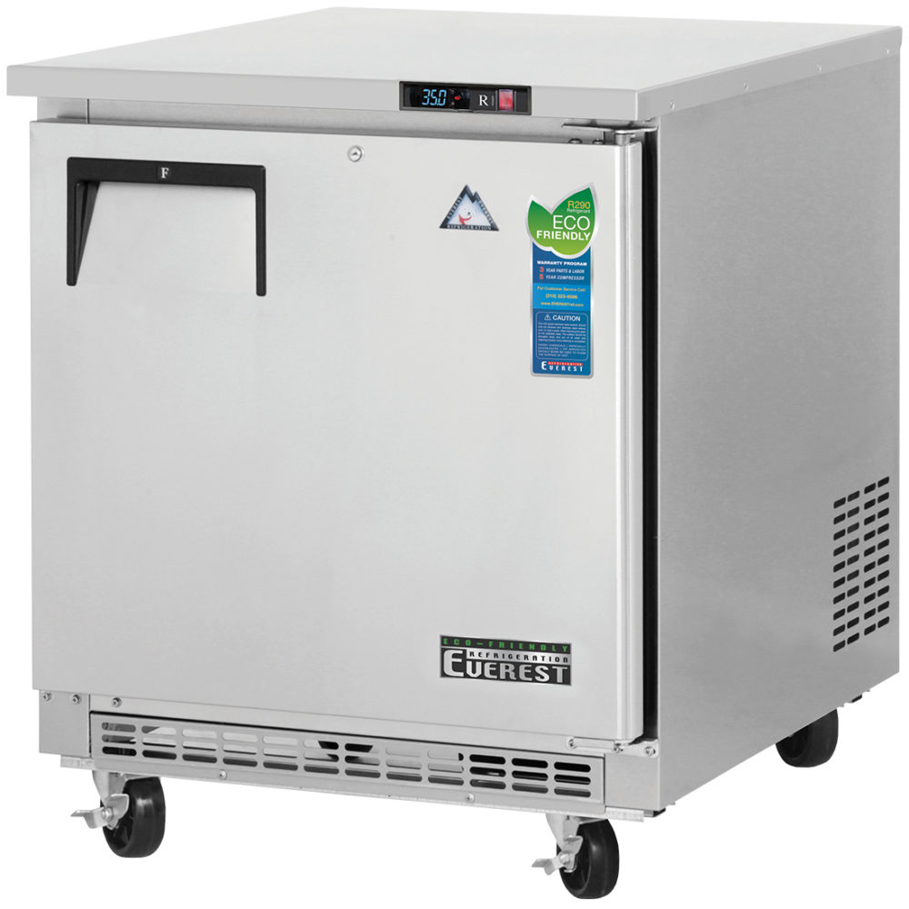 Everest ETBR1 28 In. Back Mount Undercounter Refrigerator, 1 Solid Door, 7.5 Cu. Ft., 16 Gauge Stainless Steel Worktop