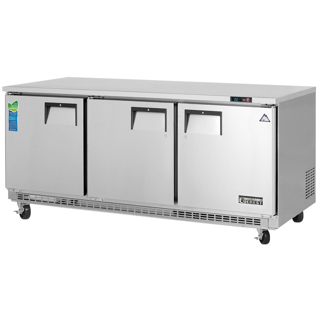 Everest ETBR3 71 In. Back Mount Undercounter Refrigerator, 3 Solid Doors, 22 Cu. Ft., 16 Gauge Stainless Steel Worktop