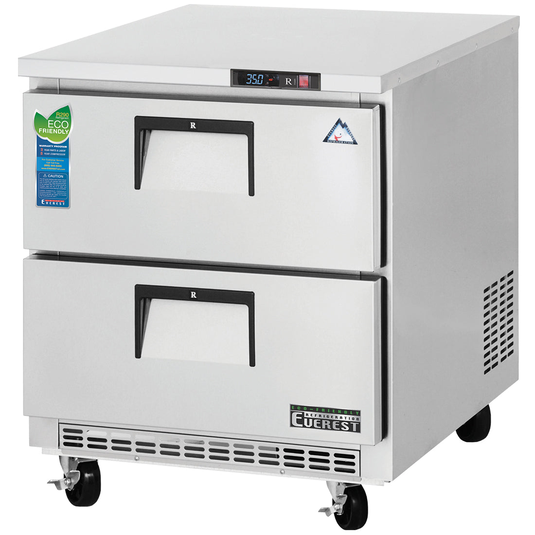 Everest ETBR1-D2 28 In. Drawered Undercounter Refrigerator, 2 Drawers, 7.5 Cu. Ft., 16 Gauge Stainless Steel Worktop