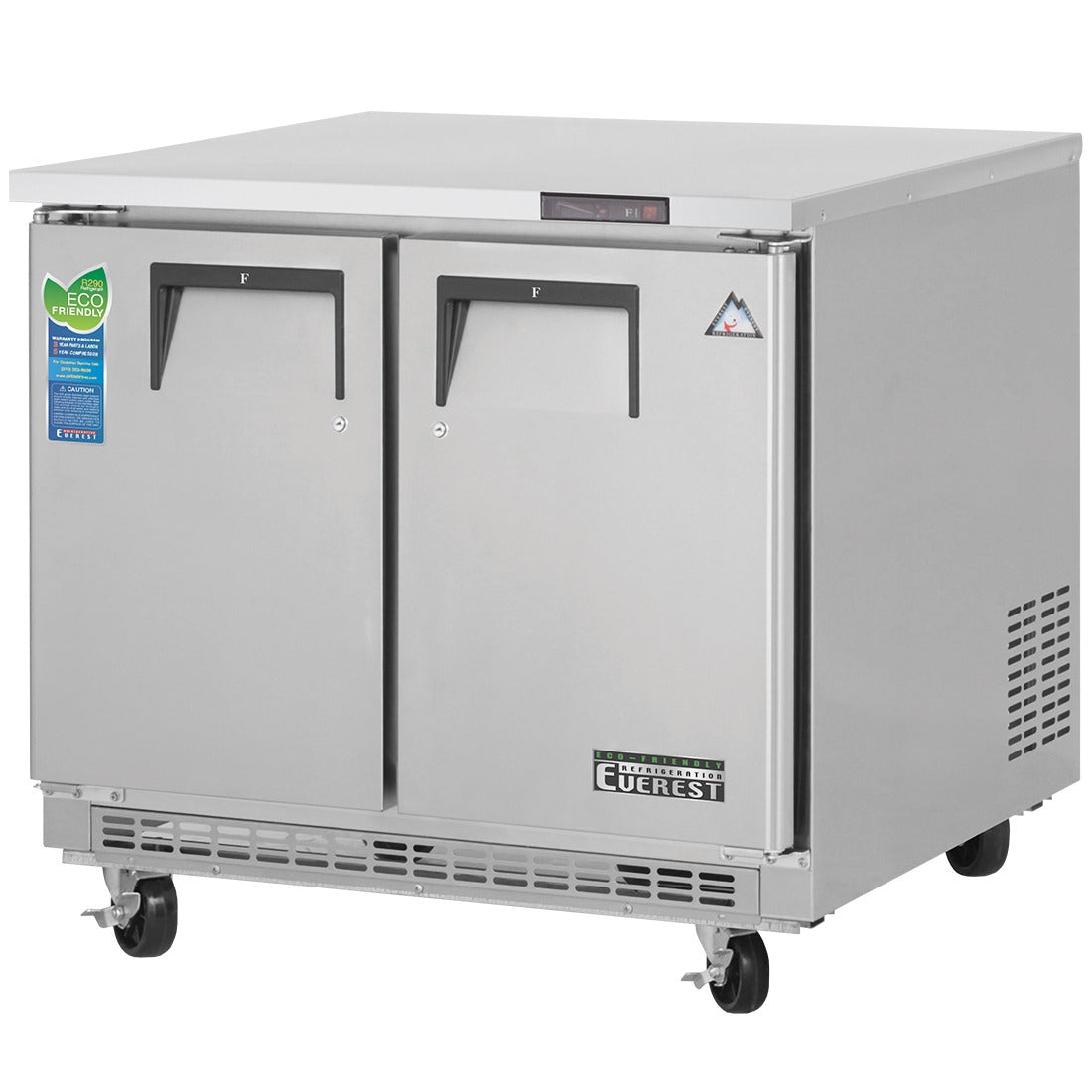 Everest ETBSF2 36 In. Back Mount Undercounter Freezer, 2 Solid Doors, 10 Cu. Ft., 16 Gauge Stainless Steel Worktop