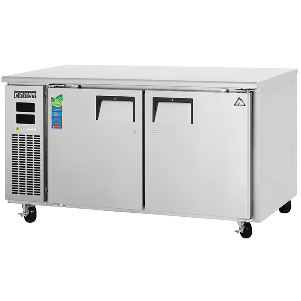 Everest ETRF2-24 59 In. Side Mount Undercounter Dual Temp Refrigerator Freezer, 24 In. Depth Class, 2 Solid Doors, 9 Cu. Ft. Per Zone