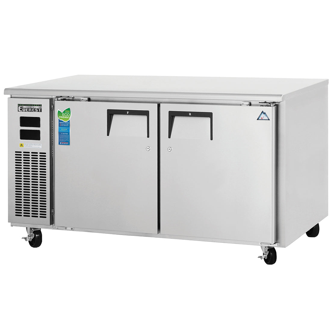 Everest ETRF2 59 In. Side Mount Undercounter Dual Temp Refrigerator Freezer, 2 Solid Doors, 9 Cu. Ft. Per Zone, 16 Gauge Stainless Steel Worktop