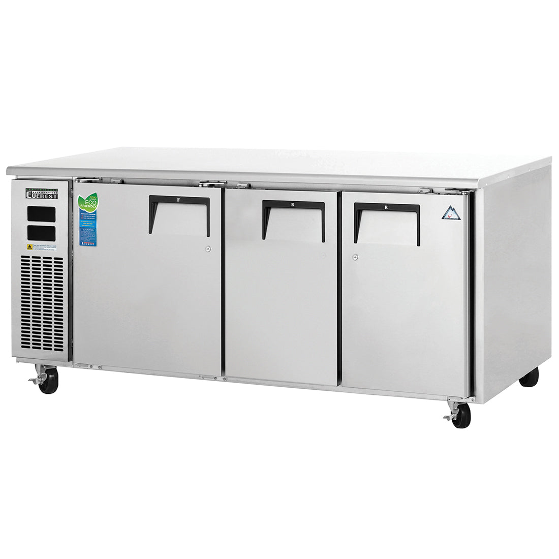 Everest ETRF3 71 In. Side Mount Undercounter Dual Temp Refrigerator Freezer, 3 Solid Doors, 14 Cu. Ft. Chilled, 9 Cu. Ft. Frozen