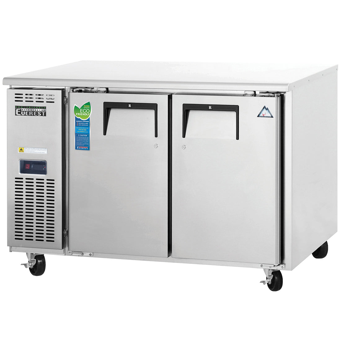 Everest ETR2 48 In. Side Mount Undercounter Refrigerator, 2 Solid Doors, 13 Cu. Ft., 16 Gauge Stainless Steel Worktop