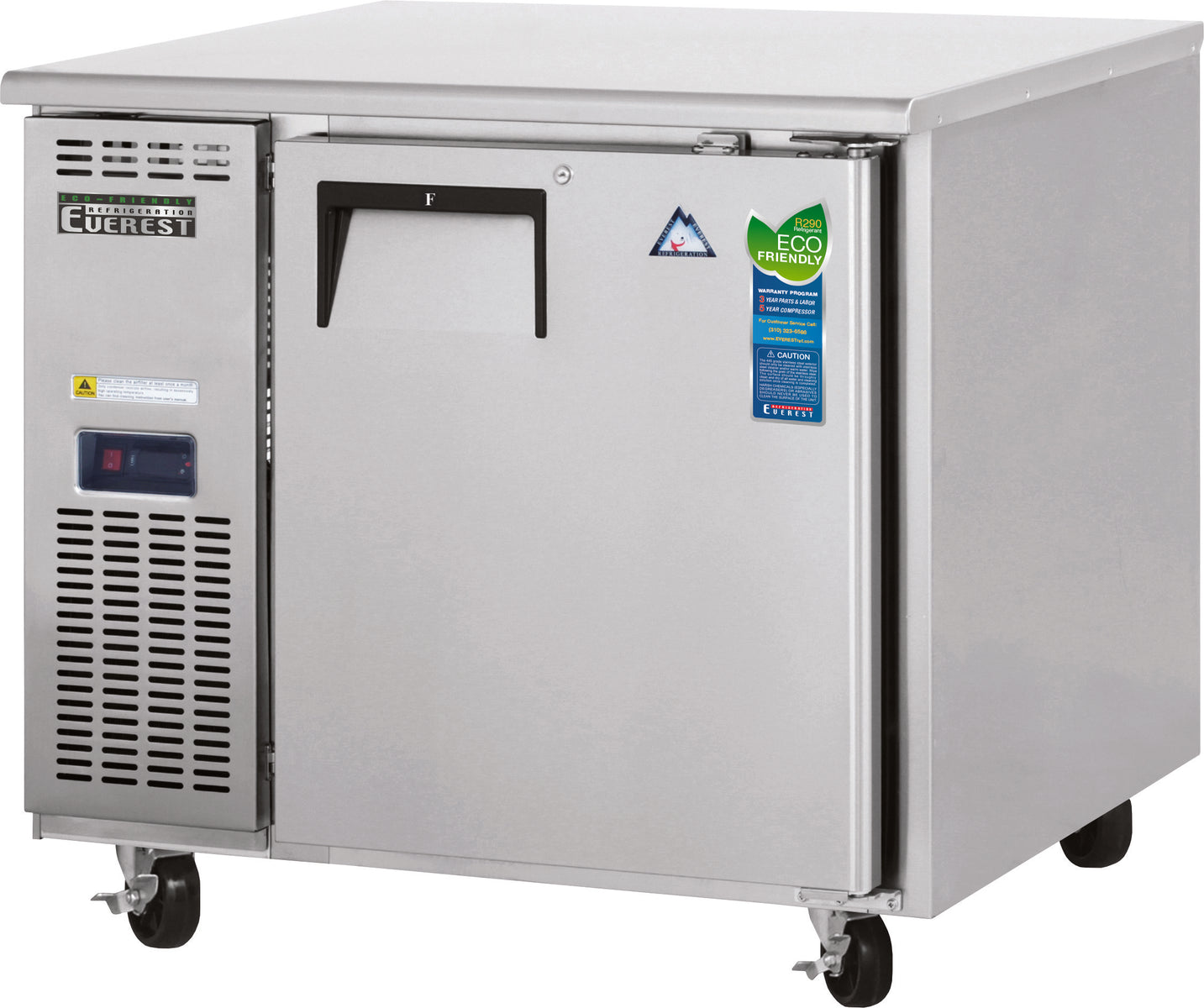 Everest ETF1 36 In. Side Mount Undercounter Freezer, 1 Solid Door, 9 Cu. Ft., 16 Gauge Stainless Steel Worktop