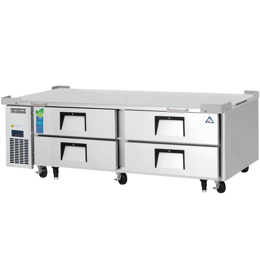 Everest ECB72D4 72 In. Four Drawer Chef Base Refrigerator, 1,084 Lb. Equipment Capacity, Side Mount Blizzard R290
