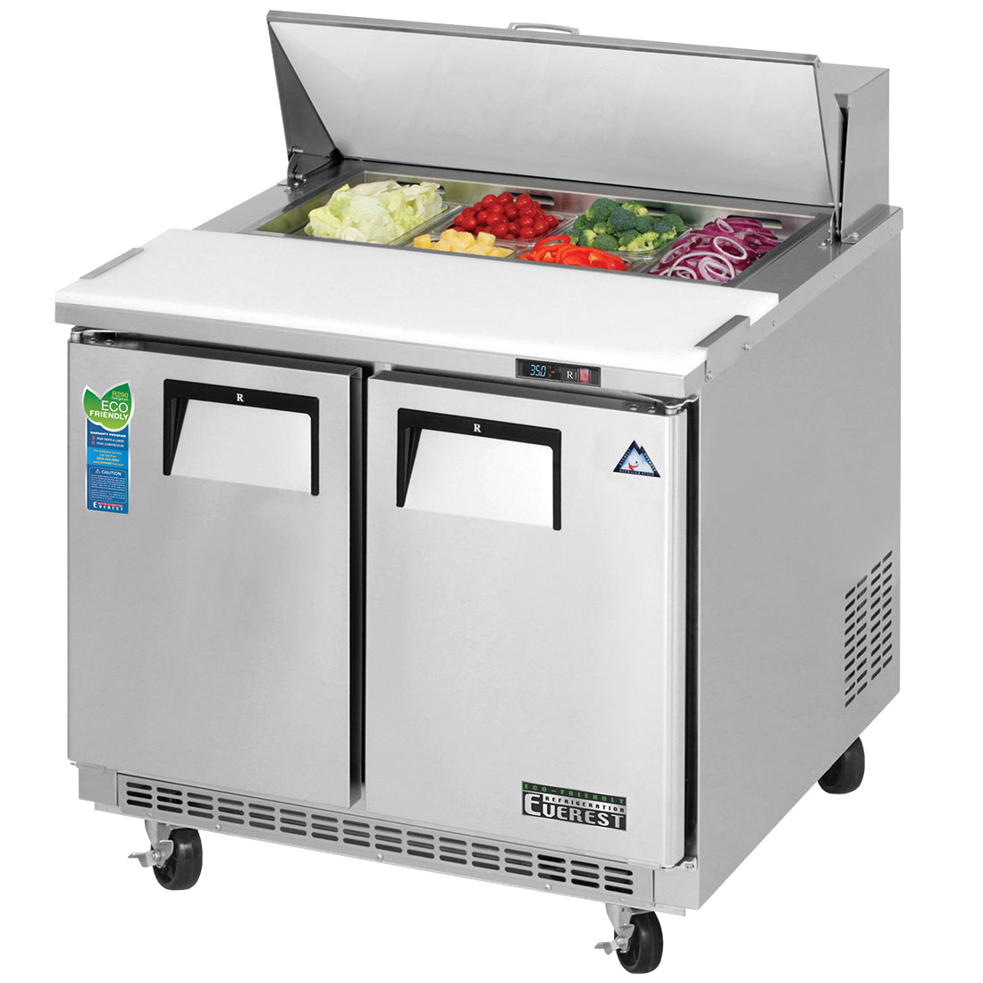 Everest EPBNSR2 36 In. Back Mount Sandwich Prep Table, 2 Solid Doors, 10 Cu. Ft., (8) 1/6 Size Pans