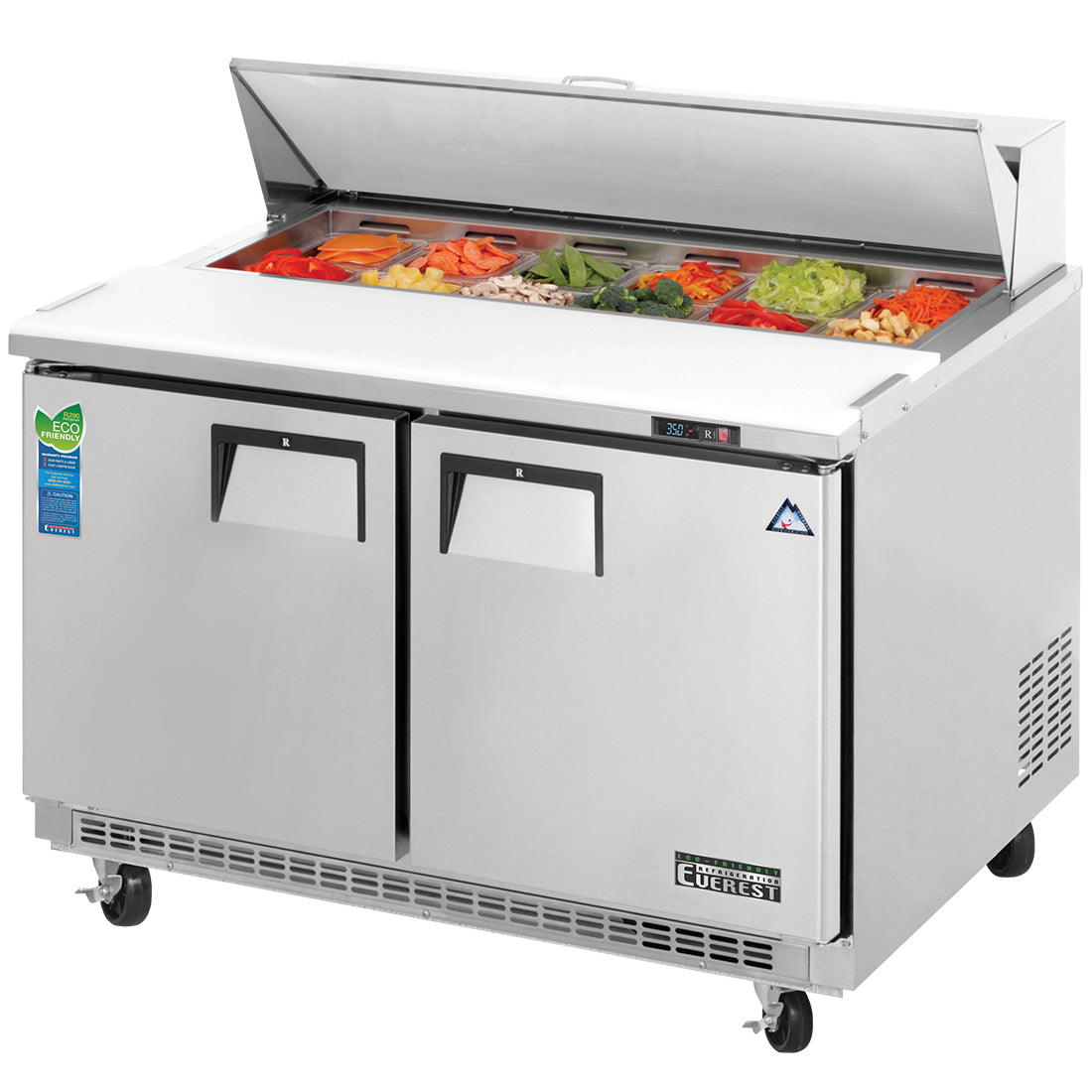 Everest EPBNR2 48 In. Back Mount Sandwich Prep Table, 2 Solid Doors, 13 Cu. Ft., (12) 1/6 Size Pans