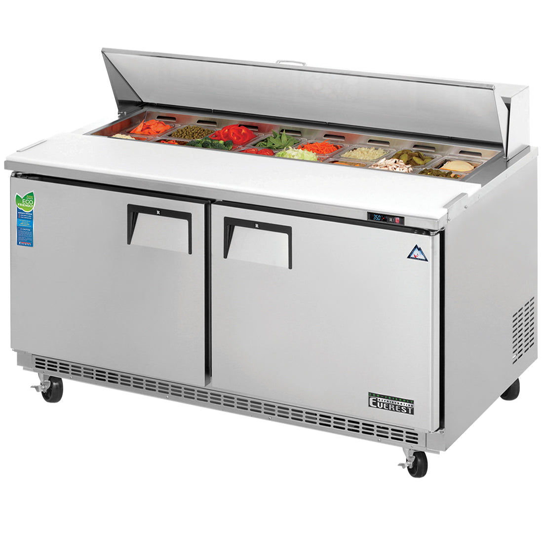 Everest EPBNWR2 59 In. Back Mount Sandwich Prep Table, 2 Wide Solid Doors, 16 Cu. Ft., (16) 1/6 Size Pans