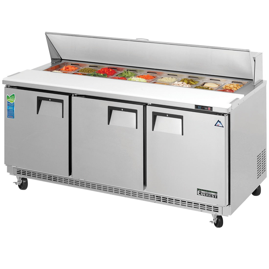 Everest EPBNR3 71 In. Back Mount Sandwich Prep Table, 3 Solid Doors, 19 Cu. Ft., (18) 1/6 Size Pans