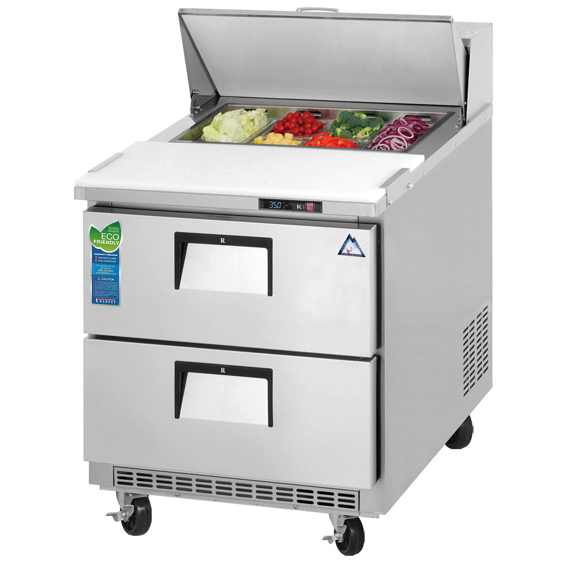 Everest EPBNR1-D2 28 In. Drawered Sandwich Prep Table, 2 Drawers, 8 Cu. Ft., (8) 1/6 Size Pan Rail