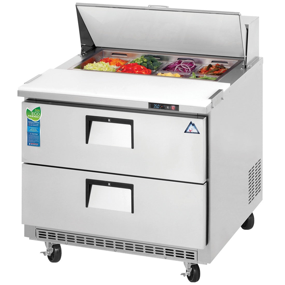 Everest EPBNSR2-D2 36 In. Drawered Sandwich Prep Table, 2 Wide Drawers, 10 Cu. Ft., (8) 1/6 Size Pan Rail