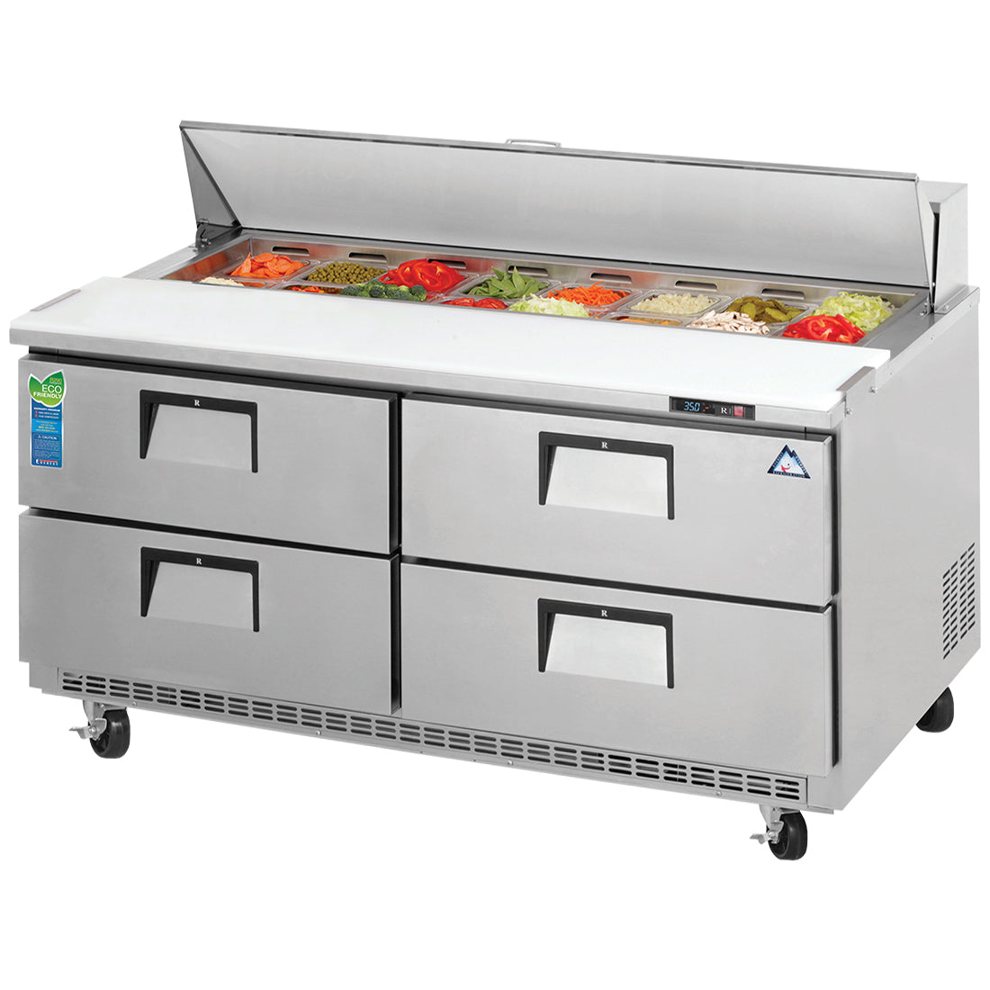 Everest EPBNWR2-D4 59 In. Drawered Sandwich Prep Table, 4 Wide Drawers, 16 Cu. Ft., (16) 1/6 Size Pan Rail