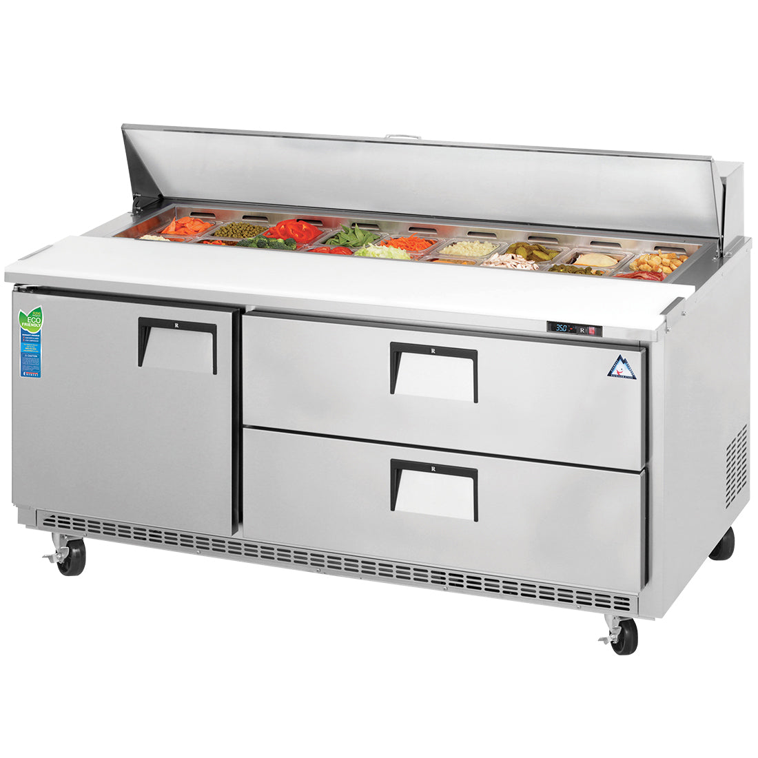 Everest EPBNR3-D2 71 In. Drawered Sandwich Prep Table, 1 Solid Door and 2 Wide Drawers, 19 Cu. Ft., (18) 1/6 Size Pan Rail
