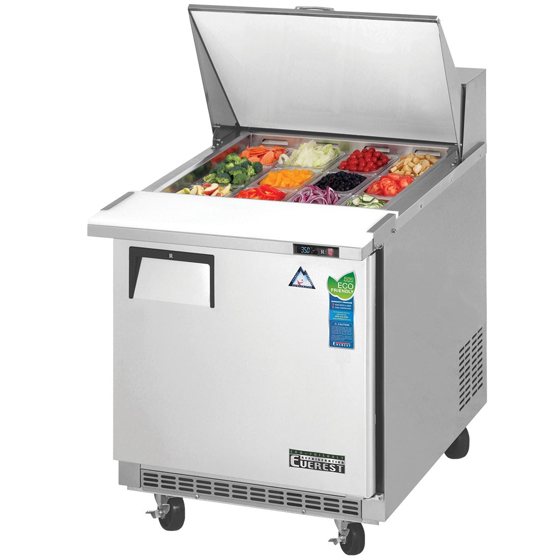 Everest EPBR1 28 In. Back Mount Mega-Top Sandwich Prep Table, 1 Solid Door, 8 Cu. Ft., (12) 1/6 Size Pans