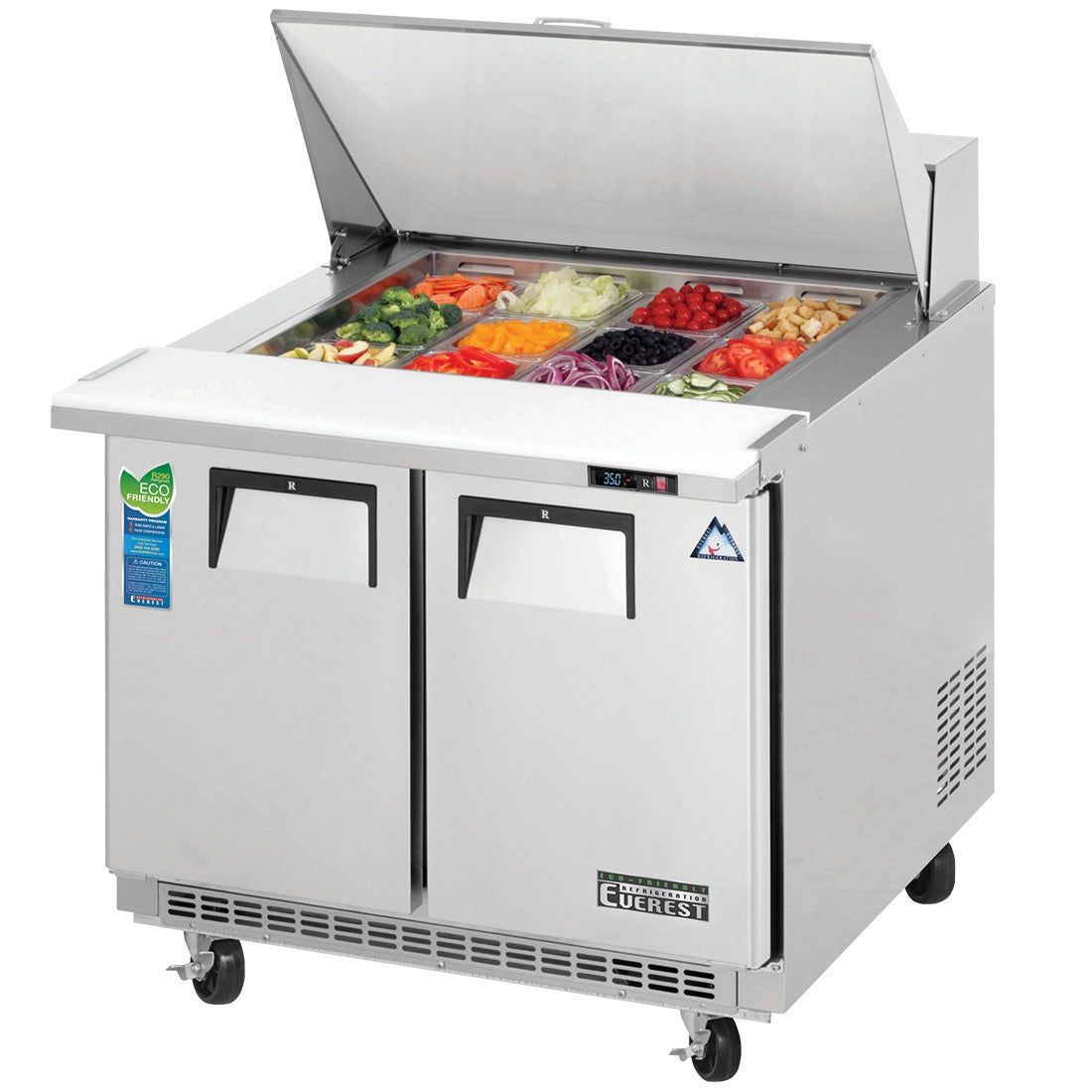 Everest EPBSR2 36 In. Back Mount Mega-Top Sandwich Prep Table, 2 Solid Doors, 10 Cu. Ft., (12) 1/6 Size Pans