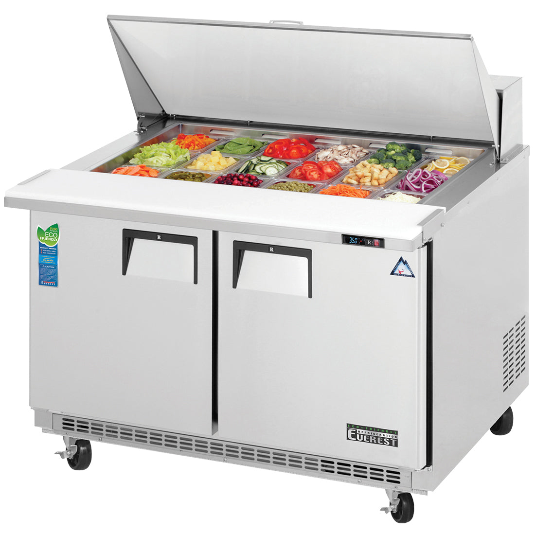 Everest EPBR2 48 In. Back Mount Mega-Top Sandwich Prep Table, 2 Solid Doors, 13 Cu. Ft., (18) 1/6 Size Pans