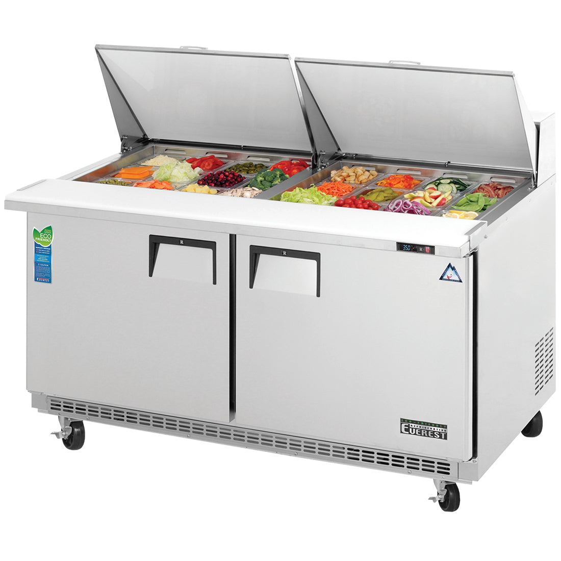 Everest EPBWR2 59 In. Back Mount Mega-Top Sandwich Prep Table, 2 Wide Solid Doors, 16 Cu. Ft., (24) 1/6 Size Pans