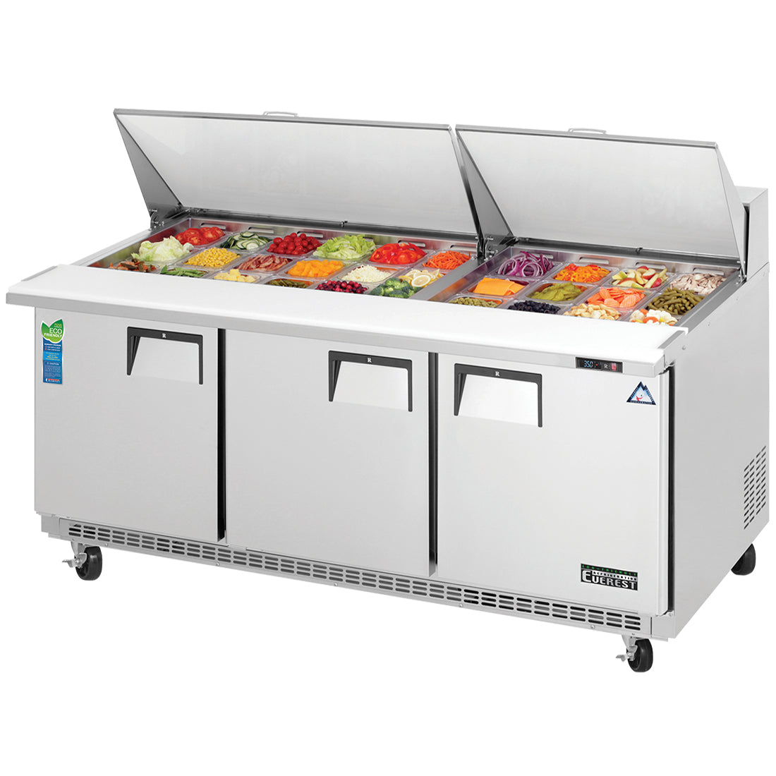 Everest EPBR3 71 In. Back Mount Mega-Top Sandwich Prep Table, 3 Solid Doors, 19 Cu. Ft., (30) 1/6 Size Pans