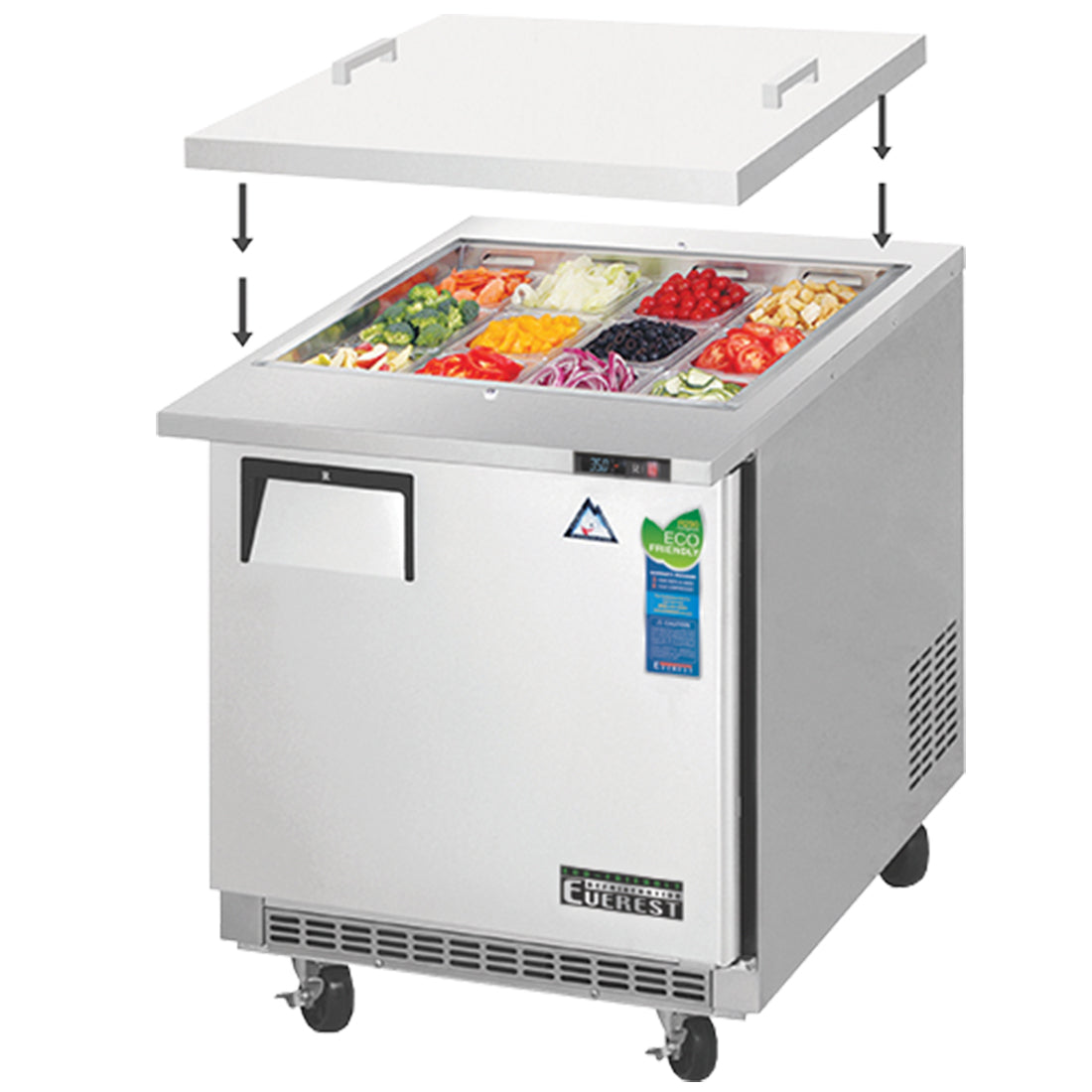 Everest EOTP1 28 In. Open Top Prep Table, 1 Solid Door, 8 Cu. Ft., (12) Lidded 1/6 Size Pans, Removable Insulated Top Lid