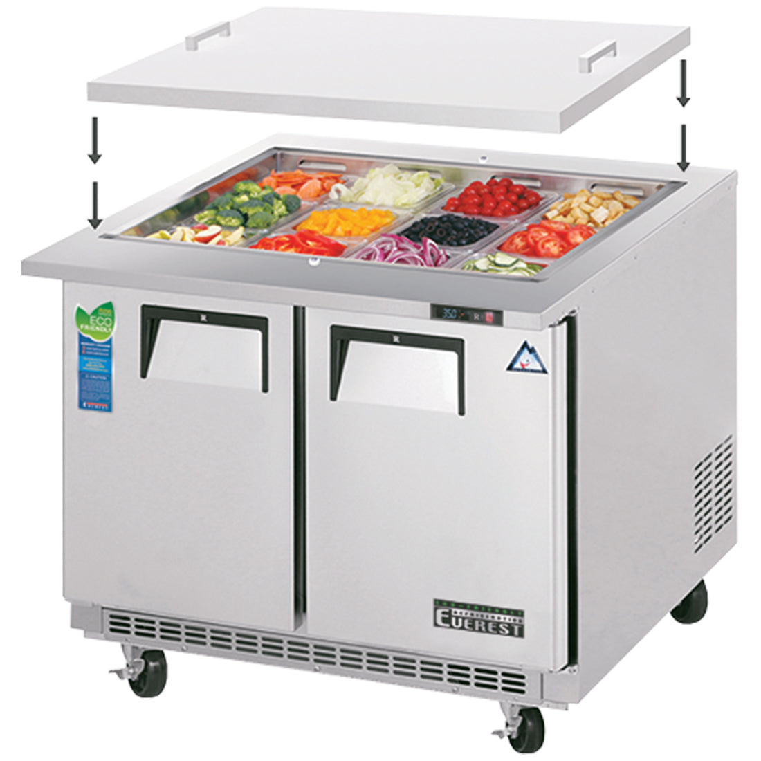 Everest EOTPS2 36 In. Open Top Prep Table, 2 Solid Doors, 10 Cu. Ft., (12) Lidded 1/6 Size Pans, Removable Insulated Top Lid