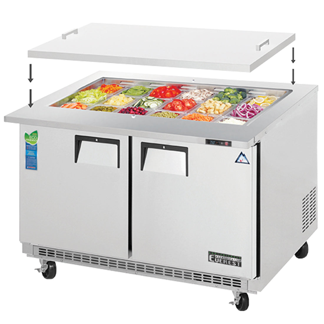 Everest EOTP2 48 In. Open Top Prep Table, 2 Solid Doors, 13 Cu. Ft., (18) Lidded 1/6 Size Pans, Removable Insulated Top Lid