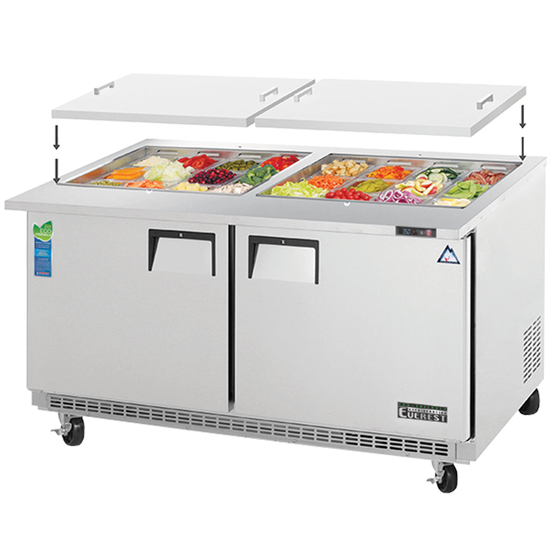 Everest EOTPW2 59 In. Open Top Prep Table, 2 Wide Solid Doors, 16 Cu. Ft., (24) Lidded 1/6 Size Pans, Removable Insulated Top Lid