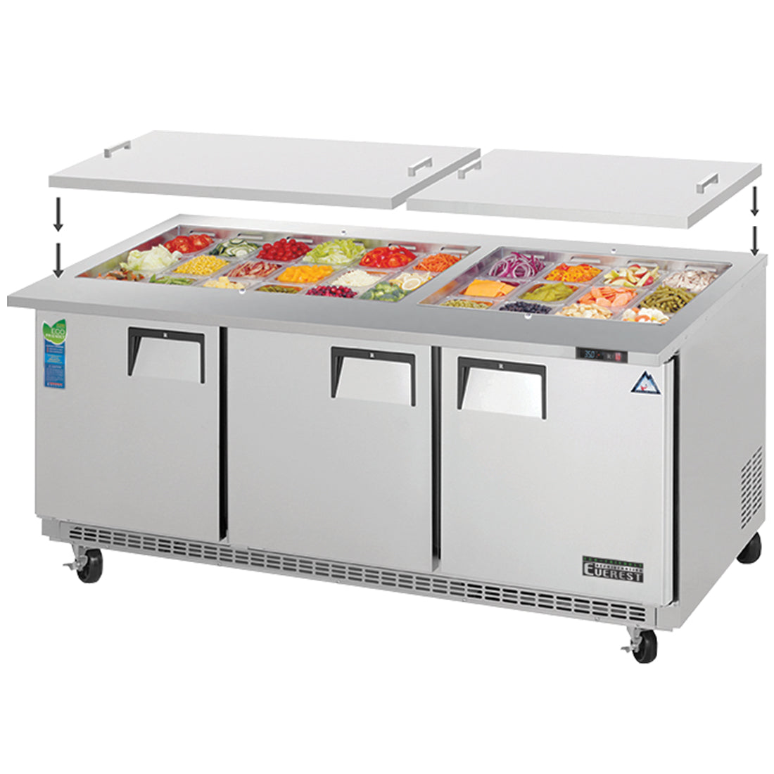 Everest EOTP3 71 In. Open Top Prep Table, 3 Solid Doors, 19 Cu. Ft., (30) Lidded 1/6 Size Pans, Removable Insulated Top Lid
